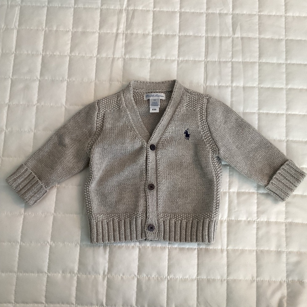 Ralph Lauren Baby Light Gray Cotton Knit Cardigan | 6M | Classic Pony